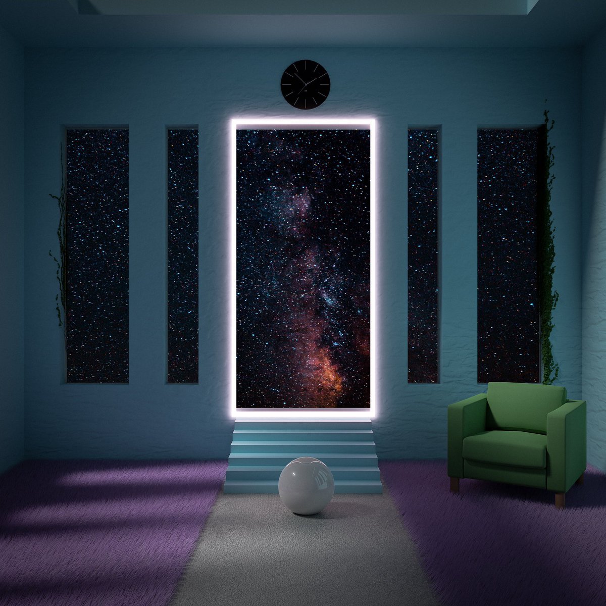 Starry photo frame background with a white ball in a room