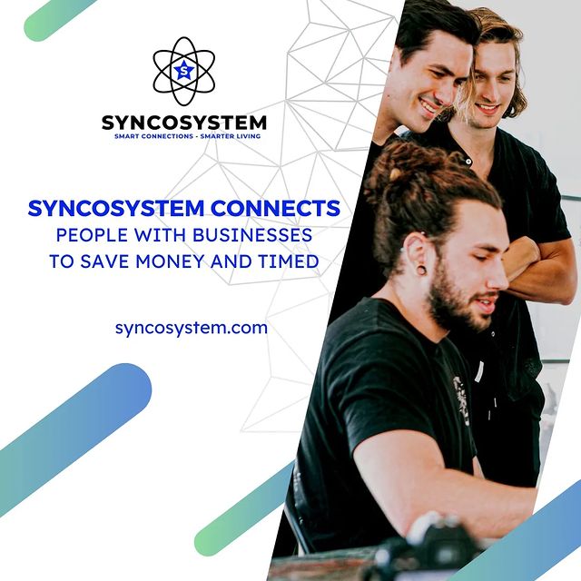 Syncosystem banner with people on the screen